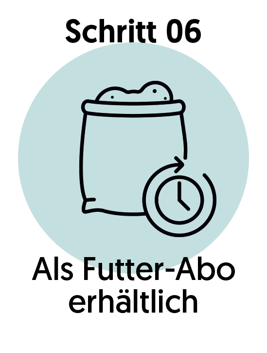 Icon mit Schritt 6, als Futter-Abo erhältlich, abgebildet ist ein Futtersack mit einer Uhr dran